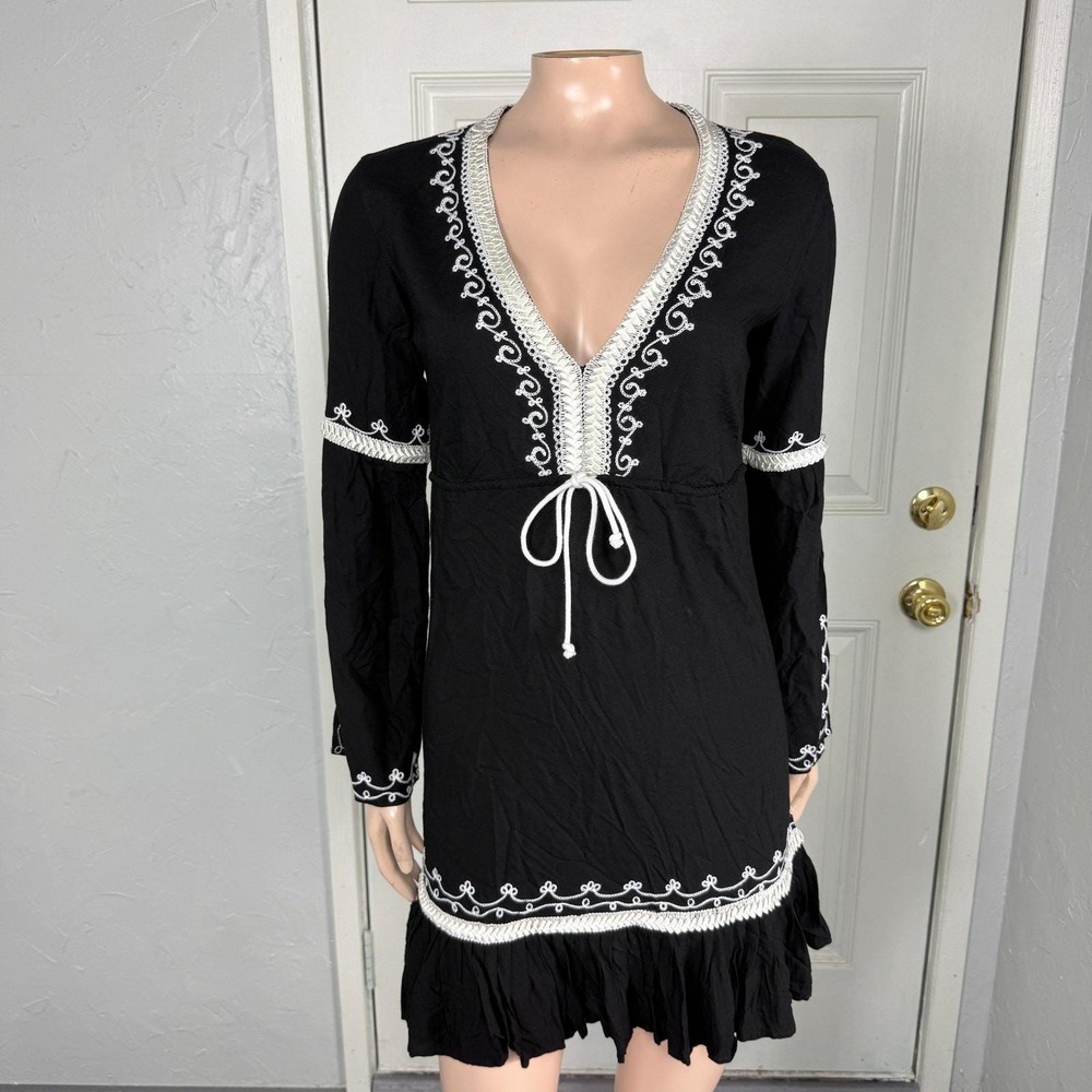 Moda International Black Long Sleeve V-Neck Dress with White Embroidery
